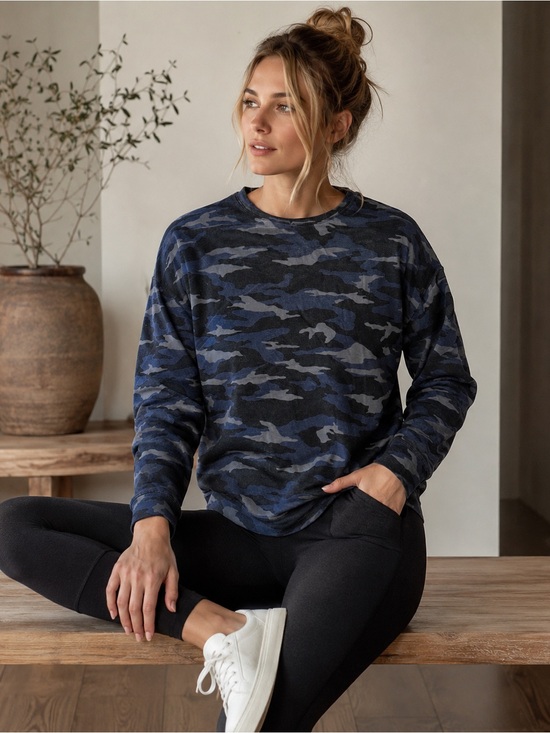 Athleta Tops - Athleta Blue Camo Soft Fleece Crewneck Sweatshirt M